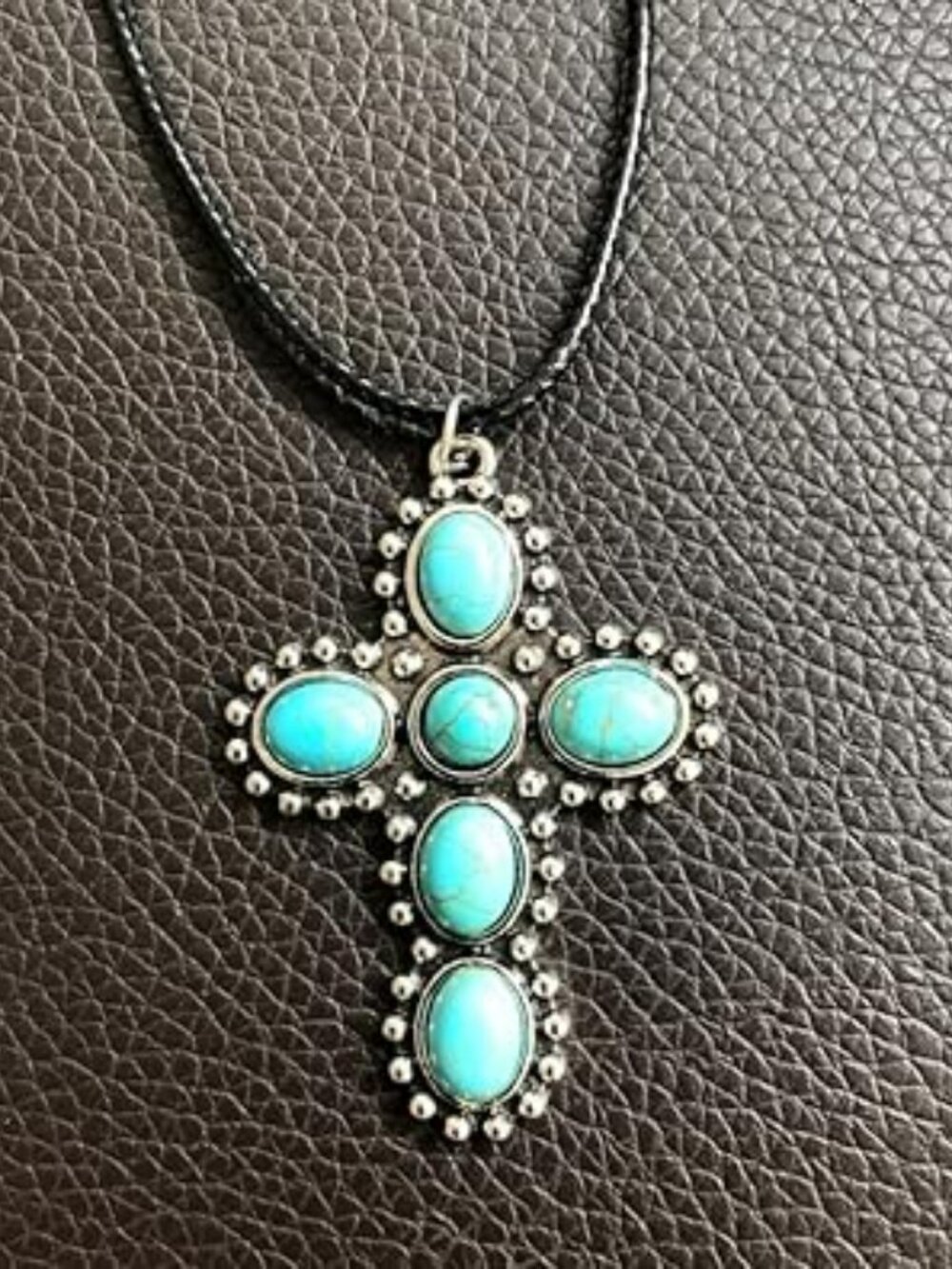 Turquoise and Silver Tone Cross Necklace Bohemian Cowgirl Western Chunky Pendant